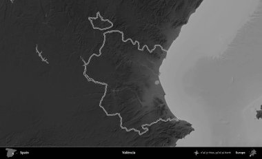 Valencia. İspanya 'nın idari bölgesi gri ölçekli yükseklik haritasında belirtilmiştir