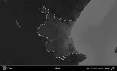 Valencia. İspanya 'nın idari alanı belirtilmiş ve koyu gri tonlu yükseklik haritasına göre özetlenmiştir
