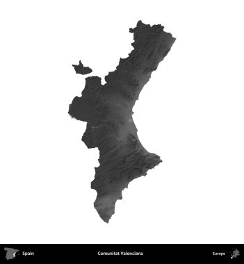 Comunitat Valenciana. İspanya 'nın idari bölgesi gri ölçekli yükseklik haritasında beyaza izole edildi