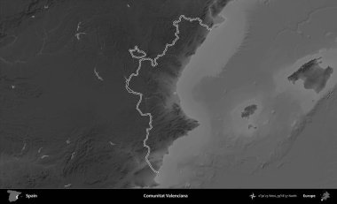 Comunitat Valenciana. İspanya 'nın idari bölgesi gri ölçekli yükseklik haritasında belirtilmiştir