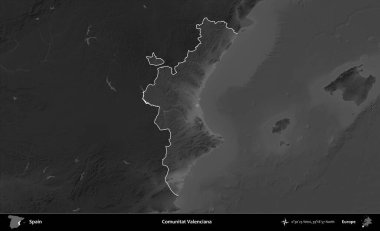 Comunitat Valenciana. İspanya 'nın idari alanı belirtilmiş ve koyu gri tonlu yükseklik haritasına göre özetlenmiştir