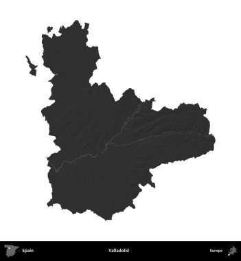 Valladolid. İspanya 'nın idari bölgesi gri ölçekli yükseklik haritasında beyaza izole edildi