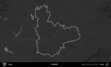 Valladolid. İspanya 'nın idari bölgesi gri ölçekli yükseklik haritasında belirtilmiştir