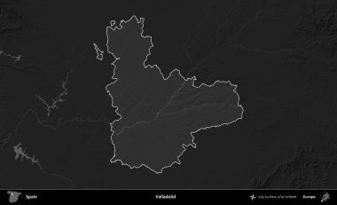 Valladolid. İspanya 'nın idari alanı belirtilmiş ve koyu gri tonlu yükseklik haritasına göre özetlenmiştir
