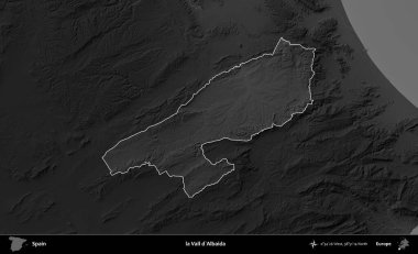 La Vall d 'Albaida' da. İspanya 'nın idari alanı belirtilmiş ve koyu gri tonlu yükseklik haritasına göre özetlenmiştir