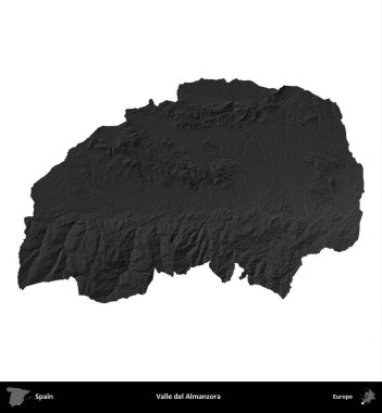 Valle del Almanzora. İspanya 'nın idari bölgesi gri ölçekli yükseklik haritasında beyaza izole edildi