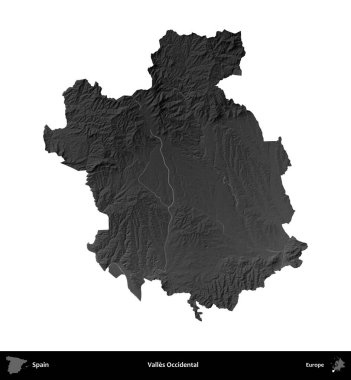 Valles Batı Yakası. İspanya 'nın idari bölgesi gri ölçekli yükseklik haritasında beyaza izole edildi