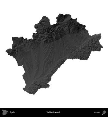 Valles Oriental. İspanya 'nın idari bölgesi gri ölçekli yükseklik haritasında beyaza izole edildi