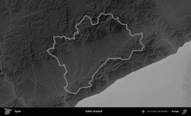 Valles Oriental. İspanya 'nın idari bölgesi gri ölçekli yükseklik haritasında belirtilmiştir