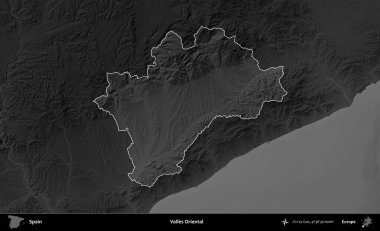 Valles Oriental. İspanya 'nın idari alanı belirtilmiş ve koyu gri tonlu yükseklik haritasına göre özetlenmiştir