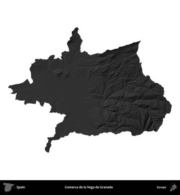 Comarca de la Vega de Granada. İspanya 'nın idari bölgesi gri ölçekli yükseklik haritasında beyaza izole edildi