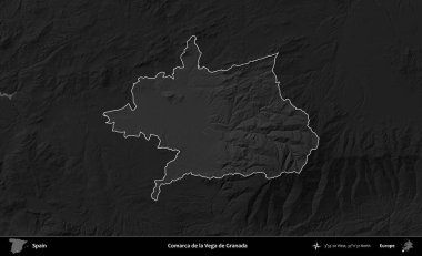 Comarca de la Vega de Granada. İspanya 'nın idari alanı belirtilmiş ve koyu gri tonlu yükseklik haritasına göre özetlenmiştir
