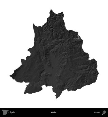 Verin. İspanya 'nın idari bölgesi gri ölçekli yükseklik haritasında beyaza izole edildi