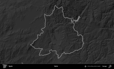 Verin. İspanya 'nın idari bölgesi gri ölçekli yükseklik haritasında belirtilmiştir