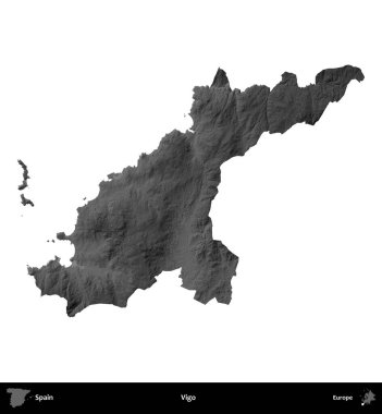 Vigo. İspanya 'nın idari bölgesi gri ölçekli yükseklik haritasında beyaza izole edildi