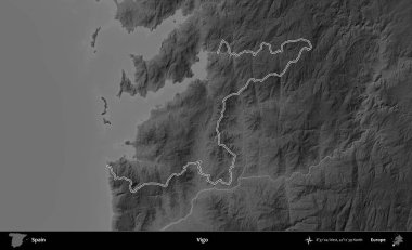 Vigo. İspanya 'nın idari bölgesi gri ölçekli yükseklik haritasında belirtilmiştir