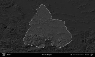 Viso del Marques. İspanya 'nın idari alanı belirtilmiş ve koyu gri tonlu yükseklik haritasına göre özetlenmiştir