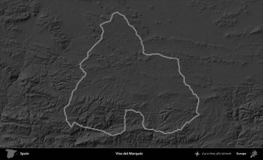 Viso del Marques. İspanya 'nın idari bölgesi gri ölçekli yükseklik haritasında belirtilmiştir
