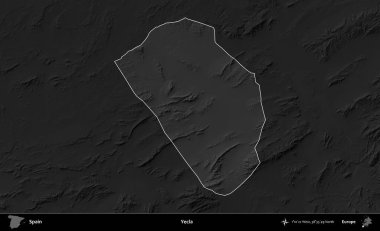 Yecla. İspanya 'nın idari alanı belirtilmiş ve koyu gri tonlu yükseklik haritasına göre özetlenmiştir