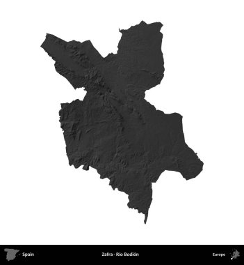 Zafra - Rio Bodion. İspanya 'nın idari bölgesi gri ölçekli yükseklik haritasında beyaza izole edildi