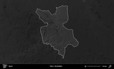 Zafra - Rio Bodion. İspanya 'nın idari alanı belirtilmiş ve koyu gri tonlu yükseklik haritasına göre özetlenmiştir