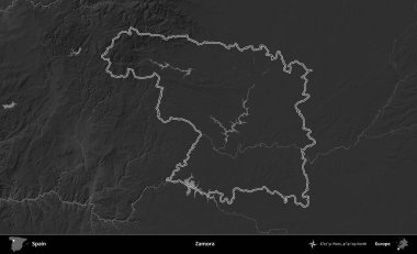 Zamora. İspanya 'nın idari bölgesi gri ölçekli yükseklik haritasında belirtilmiştir