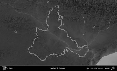 İl de Zaragoza. İspanya 'nın idari bölgesi gri ölçekli yükseklik haritasında belirtilmiştir