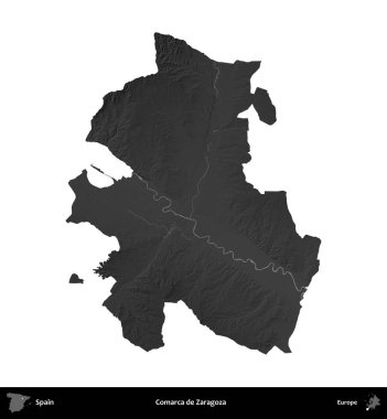 Comarca de Zaragoza. İspanya 'nın idari bölgesi gri ölçekli yükseklik haritasında beyaza izole edildi