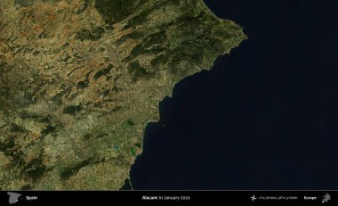 Alacant. Ocak 2020 'de çekilen Global Mozaik Sentinel-2 karolarından oluşan bir uydu görüntüsü üzerine İspanya' nın idari bölgesi