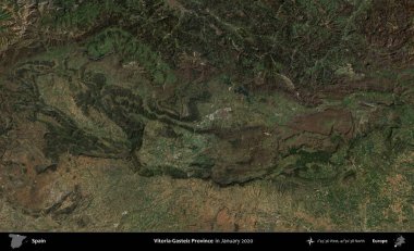 Vitoria-Gasteiz Eyaleti. Ocak 2020 'de çekilen Global Mozaik Sentinel-2 karolarından oluşan bir uydu görüntüsü üzerine İspanya' nın idari bölgesi