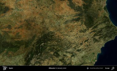 Albacete. Ocak 2020 'de çekilen Global Mozaik Sentinel-2 karolarından oluşan bir uydu görüntüsü üzerine İspanya' nın idari bölgesi