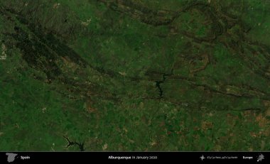 Alburquerque 'de. Ocak 2020 'de çekilen Global Mozaik Sentinel-2 karolarından oluşan bir uydu görüntüsü üzerine İspanya' nın idari bölgesi