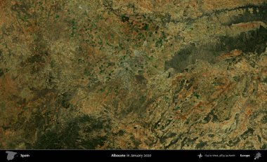 Albacete. Ocak 2020 'de çekilen Global Mozaik Sentinel-2 karolarından oluşan bir uydu görüntüsü üzerine İspanya' nın idari bölgesi