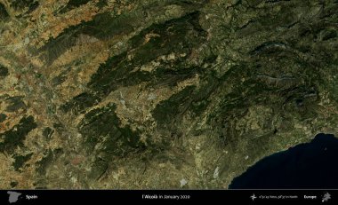 Alcoia 'da. Ocak 2020 'de çekilen Global Mozaik Sentinel-2 karolarından oluşan bir uydu görüntüsü üzerine İspanya' nın idari bölgesi
