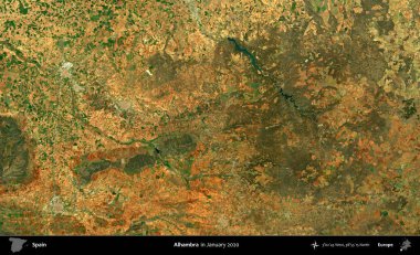 Alhambra. Ocak 2020 'de çekilen Global Mozaik Sentinel-2 karolarından oluşan bir uydu görüntüsü üzerine İspanya' nın idari bölgesi