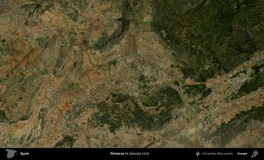 Almansa. Ocak 2020 'de çekilen Global Mozaik Sentinel-2 karolarından oluşan bir uydu görüntüsü üzerine İspanya' nın idari bölgesi