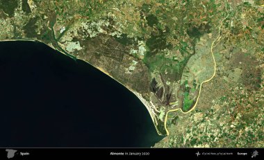 Almonte. Ocak 2020 'de çekilen Global Mozaik Sentinel-2 karolarından oluşan bir uydu görüntüsü üzerine İspanya' nın idari bölgesi