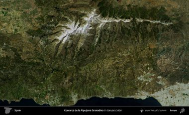 Comarca de la Alpujarra Granadina. Ocak 2020 'de çekilen Global Mozaik Sentinel-2 karolarından oluşan bir uydu görüntüsü üzerine İspanya' nın idari bölgesi