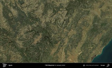 l'Alt Maestrat. Ocak 2020 'de çekilen Global Mozaik Sentinel-2 karolarından oluşan bir uydu görüntüsü üzerine İspanya' nın idari bölgesi
