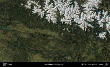 Alto Gallego. Ocak 2020 'de çekilen Global Mozaik Sentinel-2 karolarından oluşan bir uydu görüntüsü üzerine İspanya' nın idari bölgesi