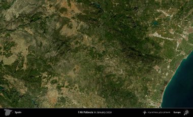 l'Alt Palancia. Ocak 2020 'de çekilen Global Mozaik Sentinel-2 karolarından oluşan bir uydu görüntüsü üzerine İspanya' nın idari bölgesi