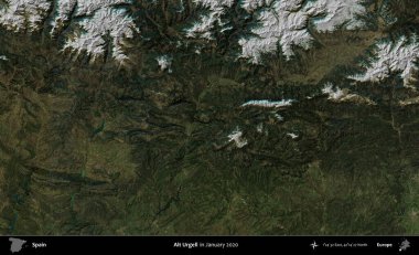 Alt Urgell. Ocak 2020 'de çekilen Global Mozaik Sentinel-2 karolarından oluşan bir uydu görüntüsü üzerine İspanya' nın idari bölgesi