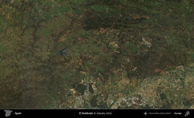 El Andevalo. Ocak 2020 'de çekilen Global Mozaik Sentinel-2 karolarından oluşan bir uydu görüntüsü üzerine İspanya' nın idari bölgesi
