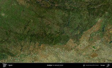 Andujar. Ocak 2020 'de çekilen Global Mozaik Sentinel-2 karolarından oluşan bir uydu görüntüsü üzerine İspanya' nın idari bölgesi