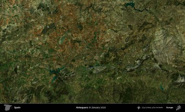 Antequera. Ocak 2020 'de çekilen Global Mozaik Sentinel-2 karolarından oluşan bir uydu görüntüsü üzerine İspanya' nın idari bölgesi
