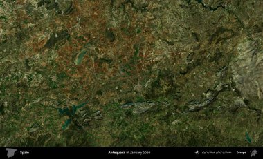 Antequera. Ocak 2020 'de çekilen Global Mozaik Sentinel-2 karolarından oluşan bir uydu görüntüsü üzerine İspanya' nın idari bölgesi