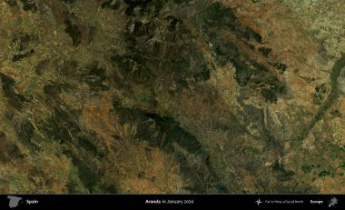 Aranda. Ocak 2020 'de çekilen Global Mozaik Sentinel-2 karolarından oluşan bir uydu görüntüsü üzerine İspanya' nın idari bölgesi