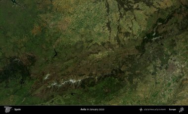 Avila. Ocak 2020 'de çekilen Global Mozaik Sentinel-2 karolarından oluşan bir uydu görüntüsü üzerine İspanya' nın idari bölgesi