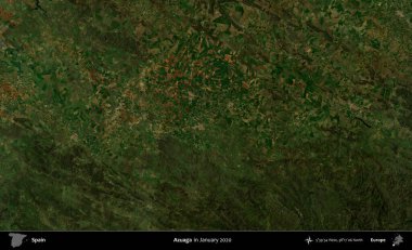Azuaga. Ocak 2020 'de çekilen Global Mozaik Sentinel-2 karolarından oluşan bir uydu görüntüsü üzerine İspanya' nın idari bölgesi