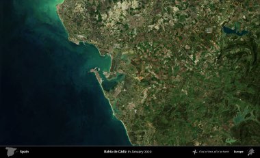 Bahia de Cadiz. Ocak 2020 'de çekilen Global Mozaik Sentinel-2 karolarından oluşan bir uydu görüntüsü üzerine İspanya' nın idari bölgesi